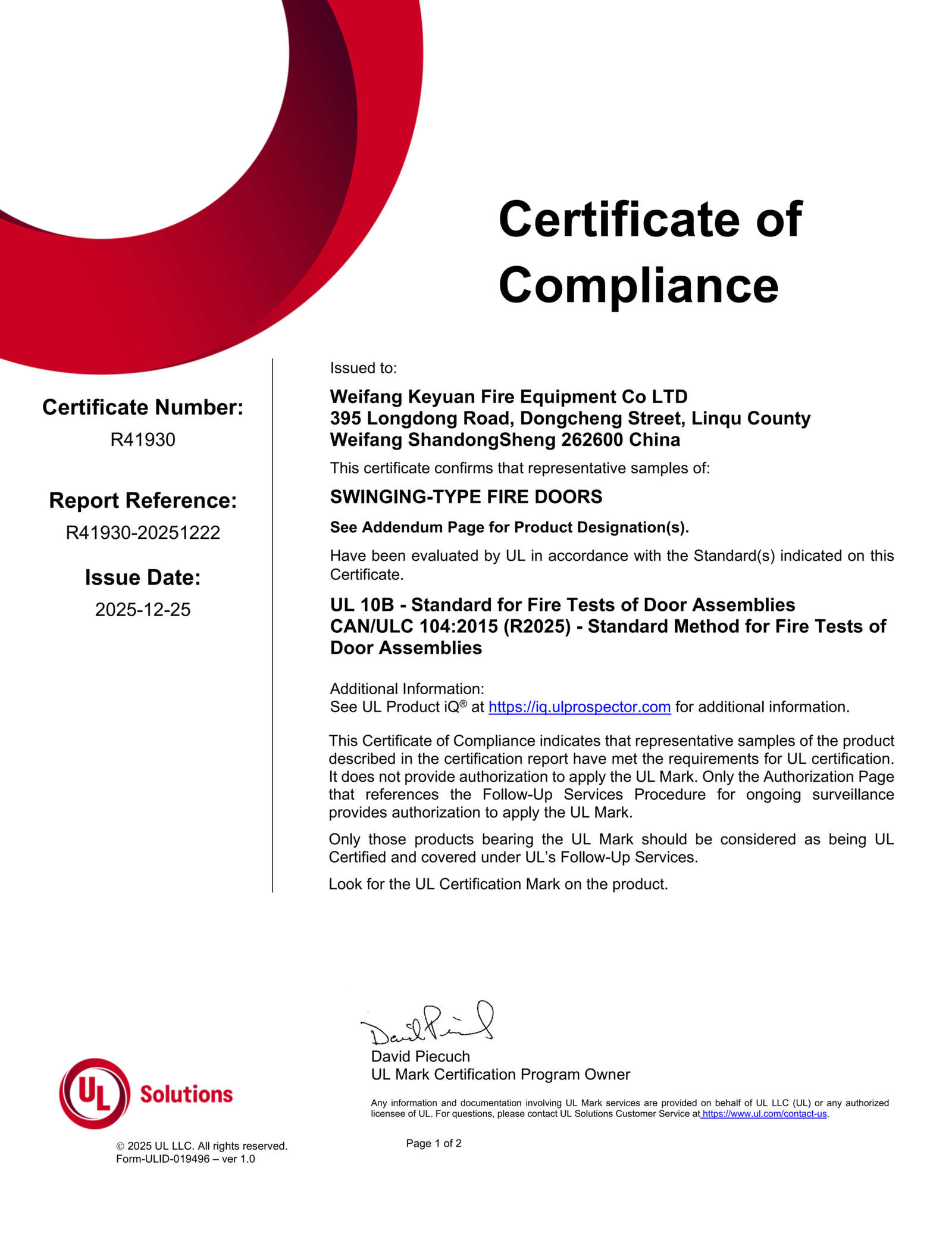 UL 180-minute fire-rated hollow metal door certificate