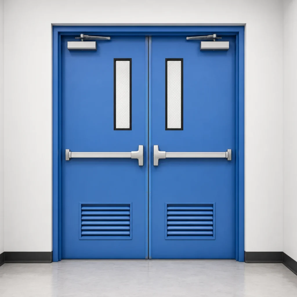 Blue fire-rated steel double door with vision panels and exit hardware