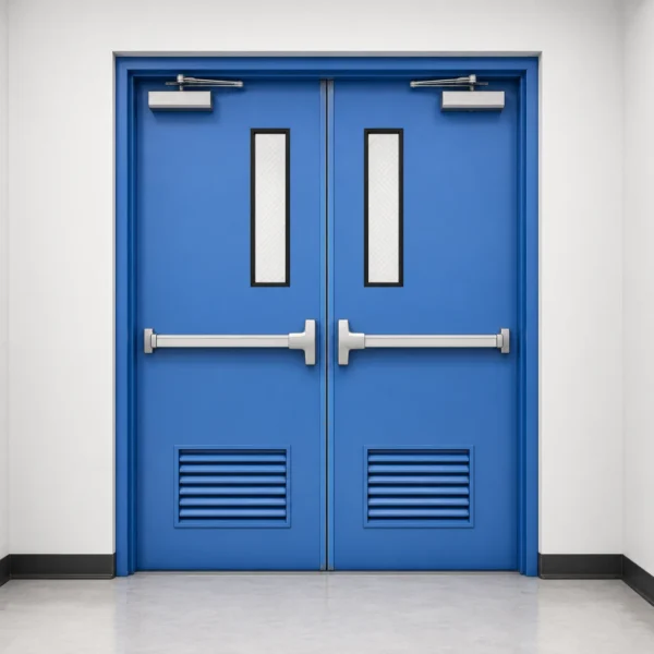 Blue fire-rated steel double door with vision panels and exit hardware