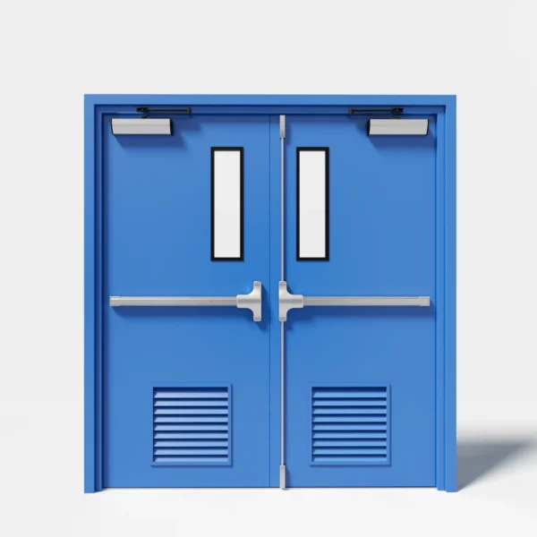 Blue double steel door with vision panels, louvers and exit hardware