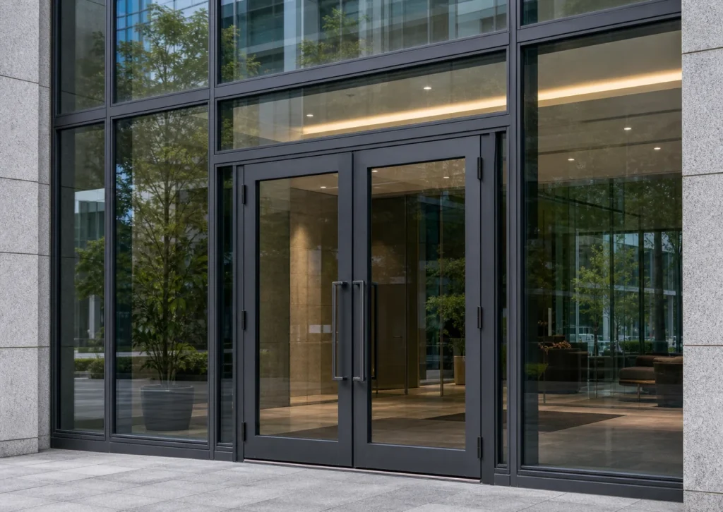 Dark anodized aluminum entrance doors integrated with matching commercial window system