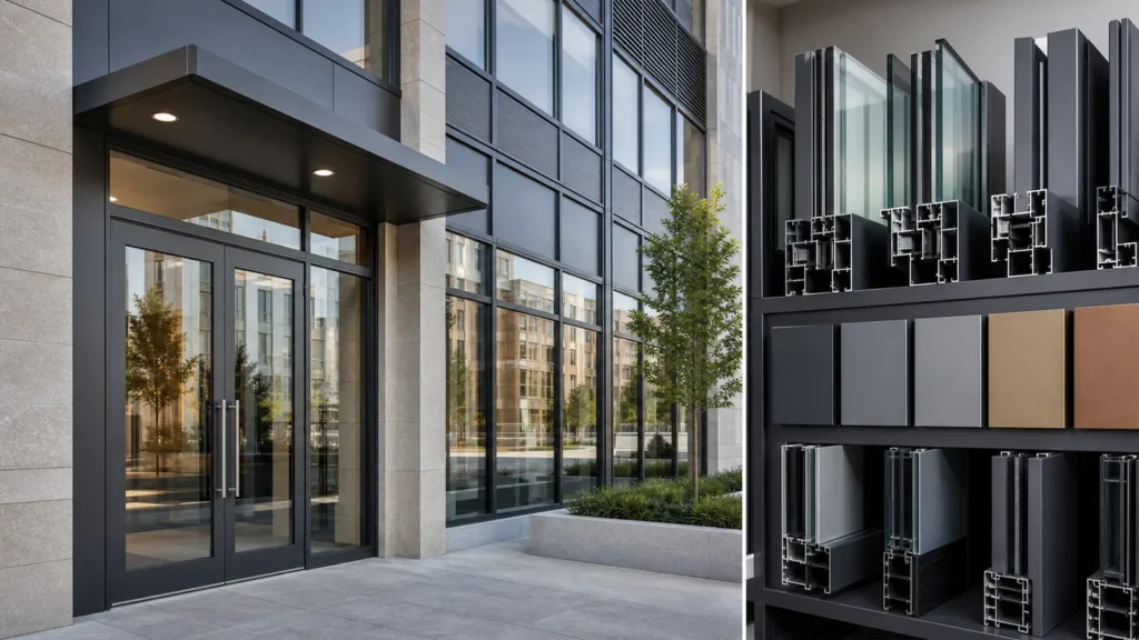 Commercial aluminum entrance doors and windows beside thermally broken profile glazing and finish samples