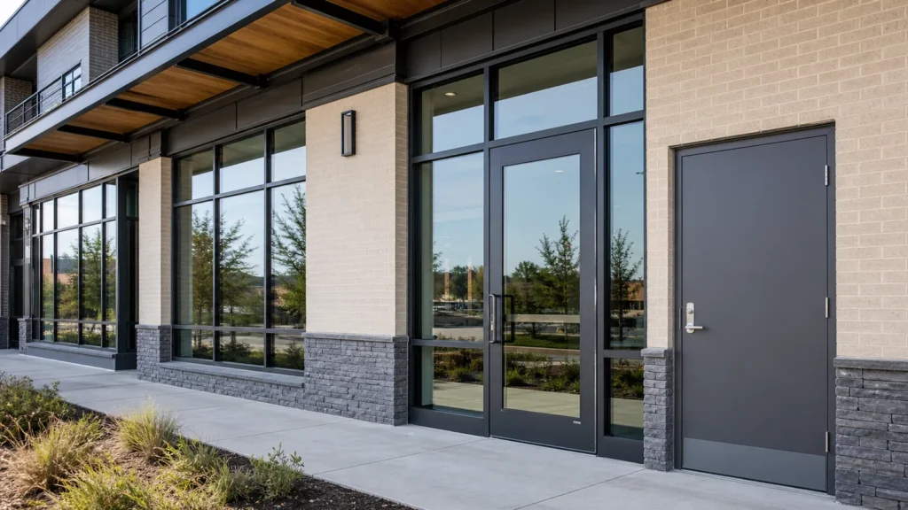 Aluminum windows glazed entrance door and steel service door on a commercial facade