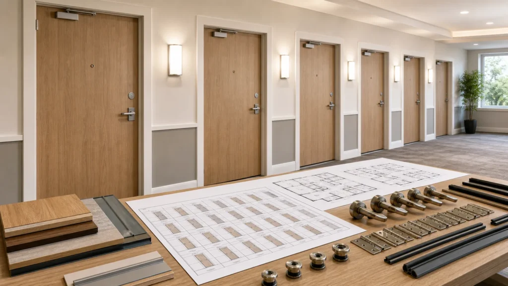 Repeated apartment entrance fire doors with coordinated schedules finishes and matching hardware sets