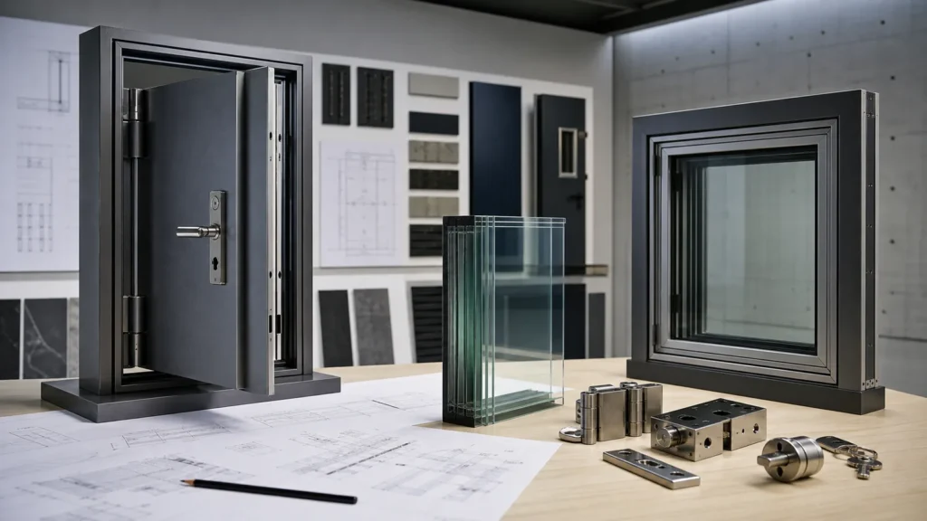 Reinforced door window glazing and hardware samples prepared for ballistic specification review