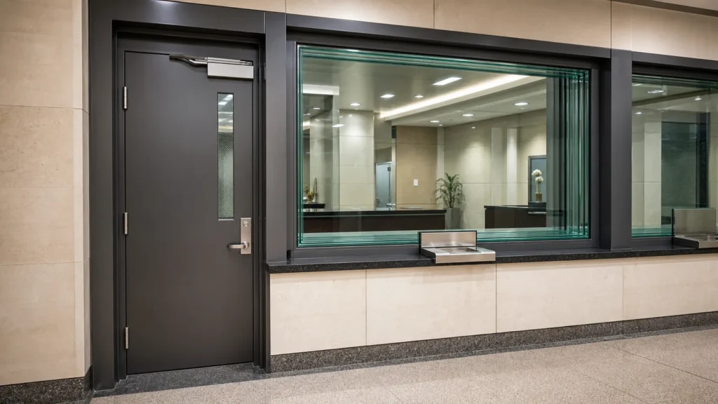 Heavy steel security door beside a thick ballistic-glass service window in a commercial reception area