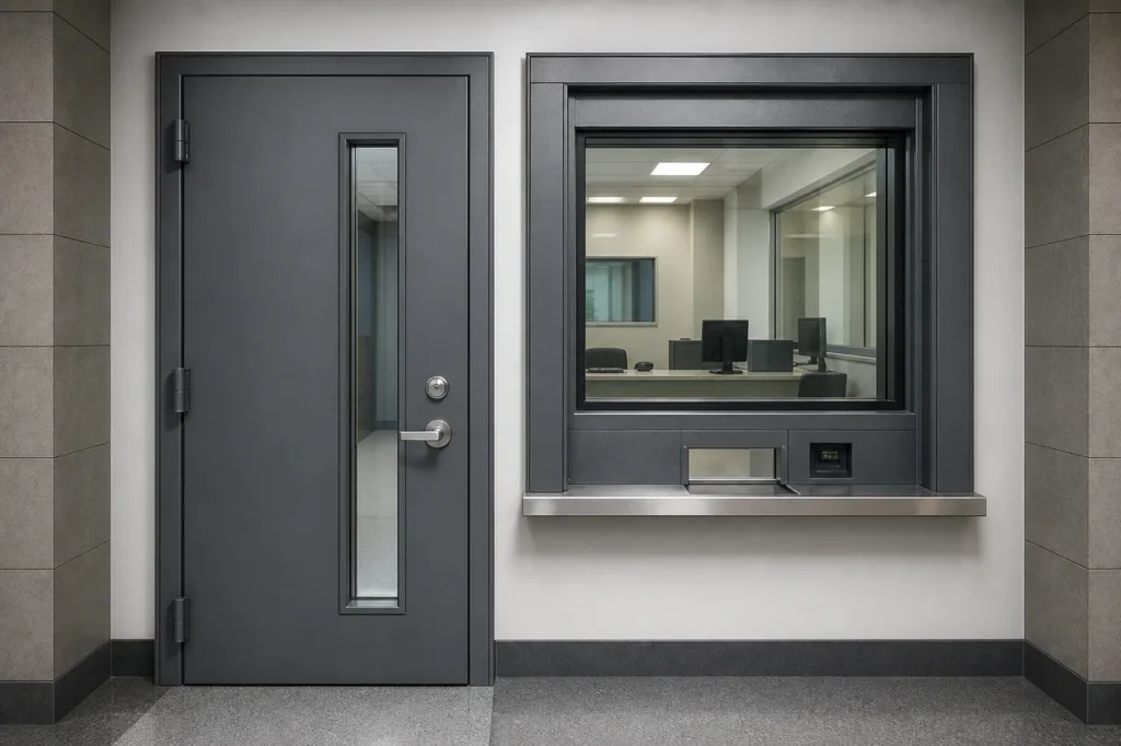 Reinforced security door and framed ballistic transaction window in a professional reception area