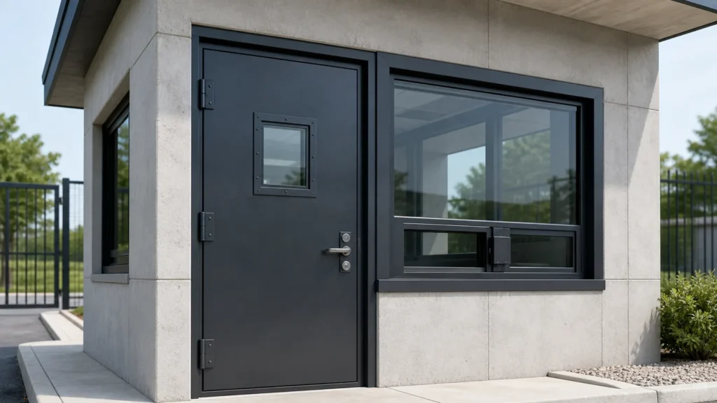 Reinforced security door and protective transaction window installed in a guard room