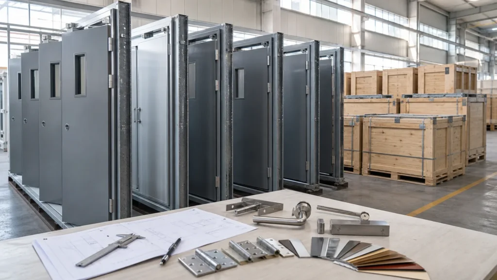 Fire-rated steel doors undergoing factory inspection before export packing