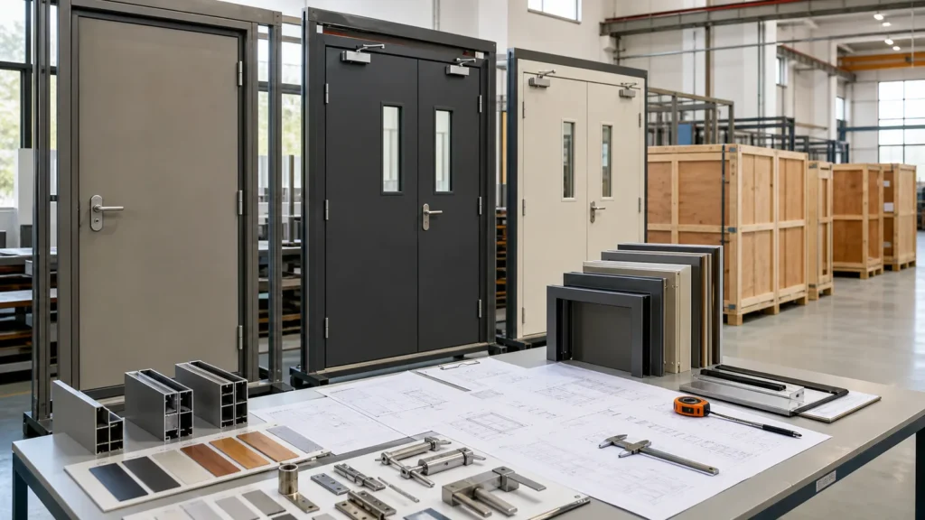 Steel fire door assemblies samples drawings and export crates prepared for supplier evaluation