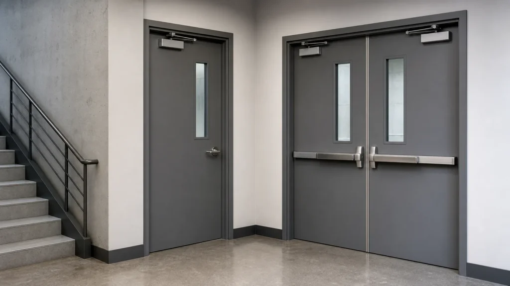 Single and double fire rated steel doors in a commercial stair lobby