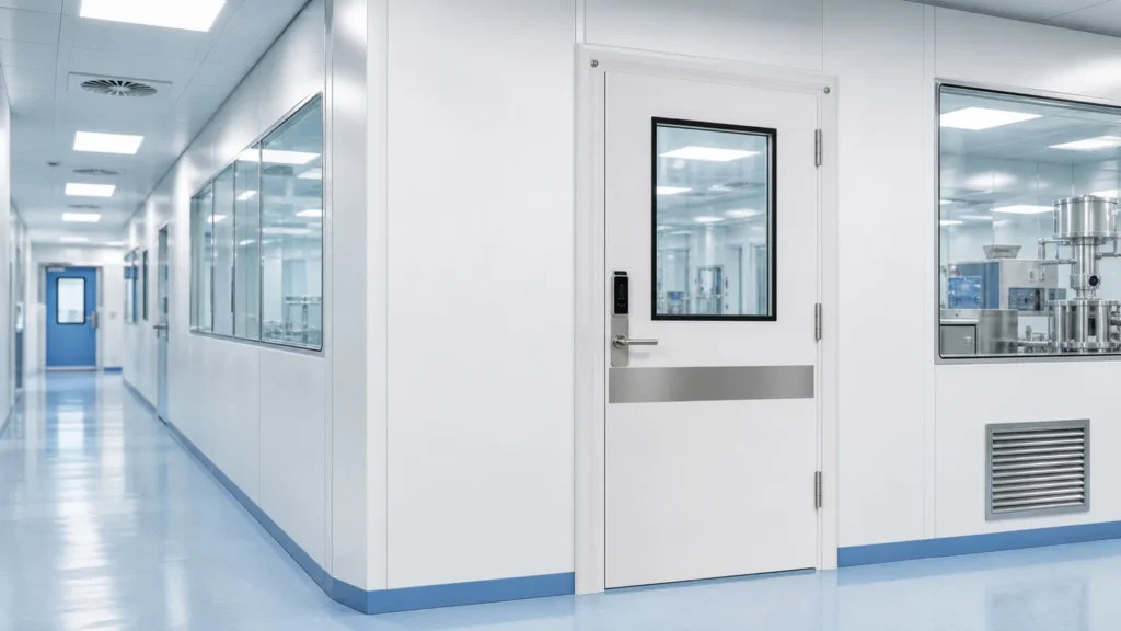 Flush cleanroom door in a pharmaceutical facility corridor