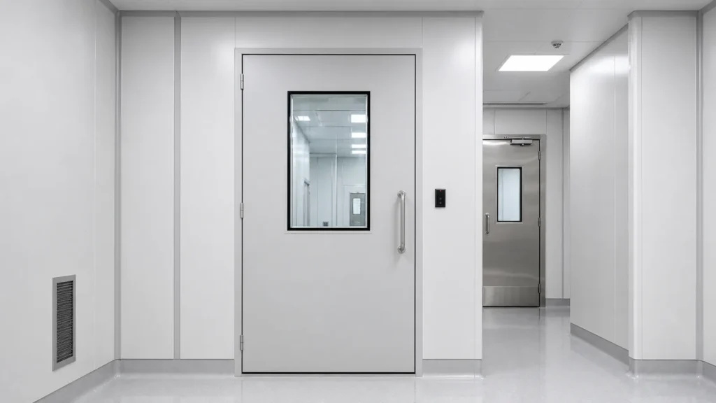 Flush cleanroom door with integrated vision panel seal and access control