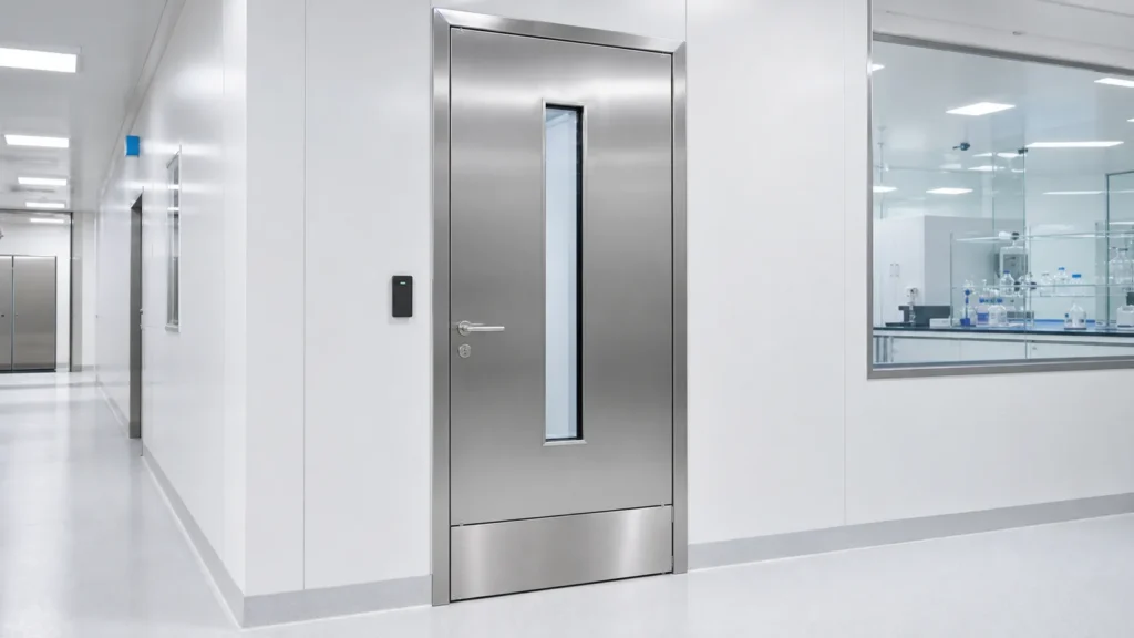 Stainless steel cleanroom door with vision panel in a pharmaceutical laboratory corridor
