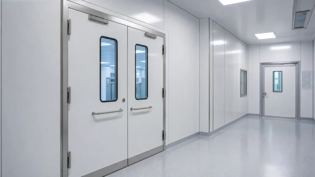 Flush airtight purification doors installed in a pharmaceutical cleanroom corridor