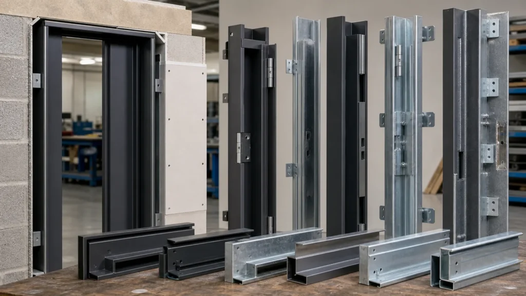 Hollow metal frame profiles anchors hinge reinforcement and strike preparation