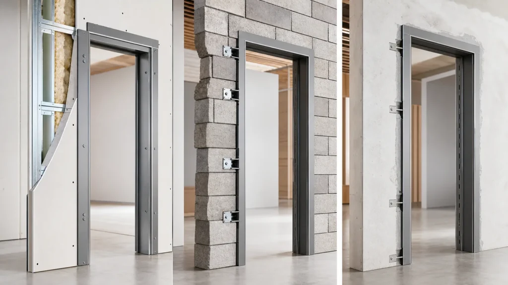 Commercial metal door frames installed in drywall masonry and concrete wall samples