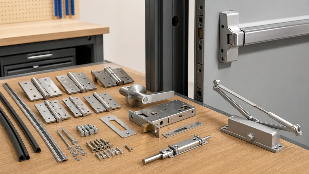 Commercial door hinges closer lockset panic bar and seals organized for an order