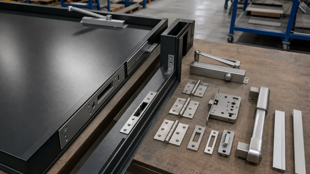Steel door and frame prepared for hinges lock closer and panic hardware
