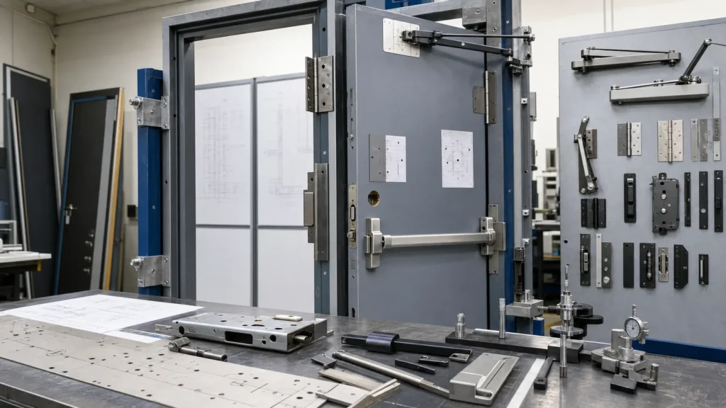 Commercial door submittal package checklist showing schedules, hardware coordination and production review.