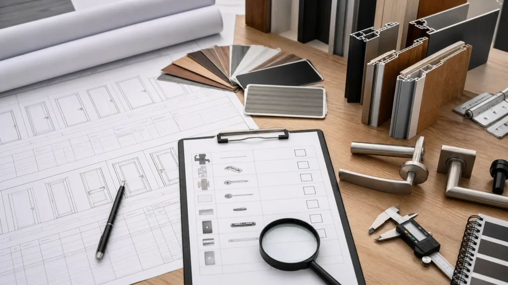Commercial door schedule hardware and frame samples under procurement review