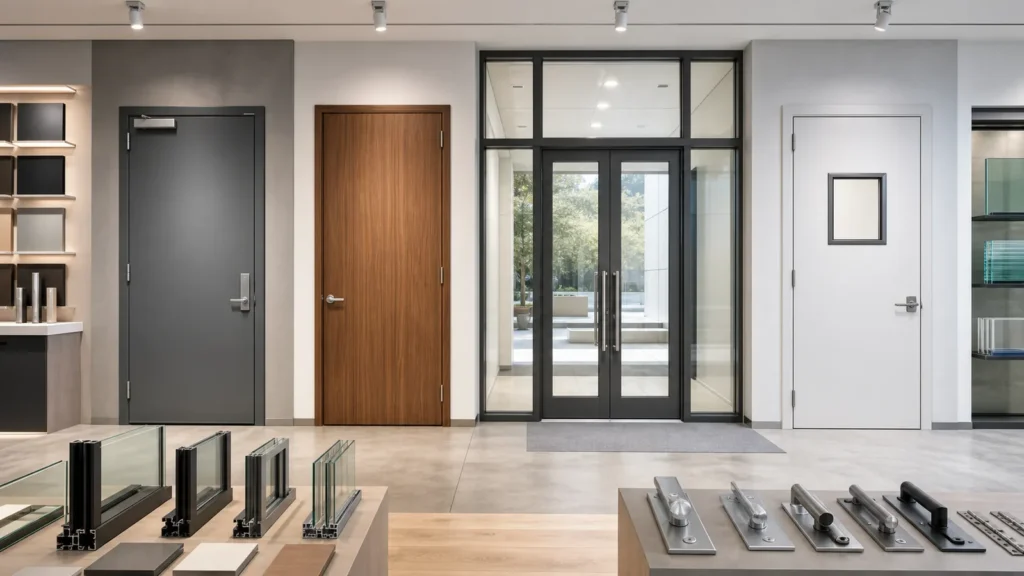 Steel wood glazed aluminum and hygienic commercial door families displayed for project selection