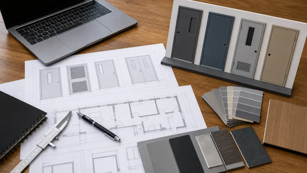 Architectural door schedule drawings and commercial door finish samples