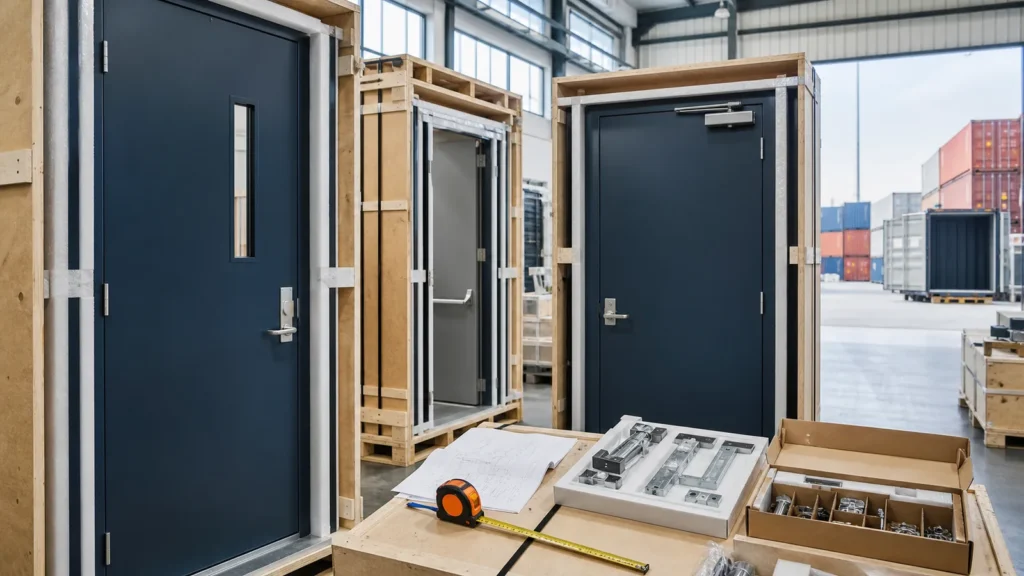 Commercial steel doors in protective export crates with hardware kit and quality-control documents
