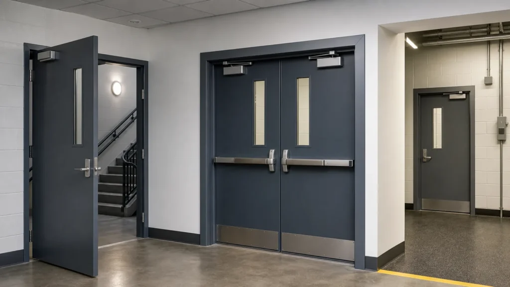 Single and double fire-rated steel doors in commercial building applications