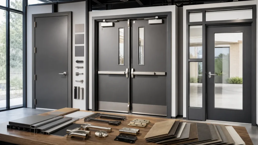 Commercial single double and glazed steel door assemblies with hardware and finish samples