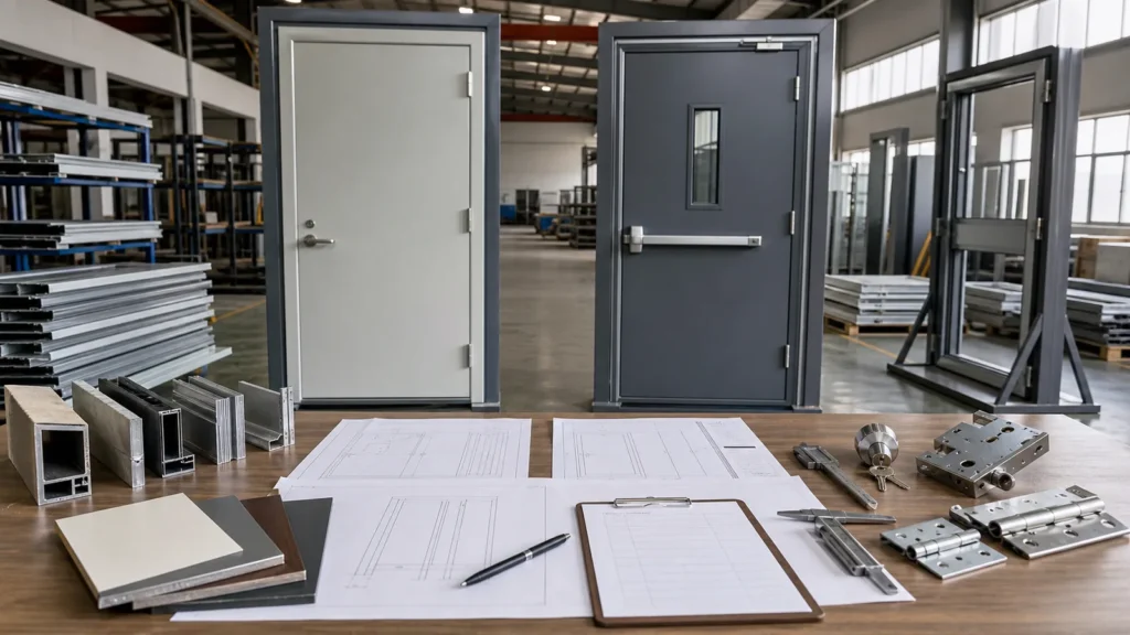 Fire door samples technical drawings and hardware prepared for supplier comparison