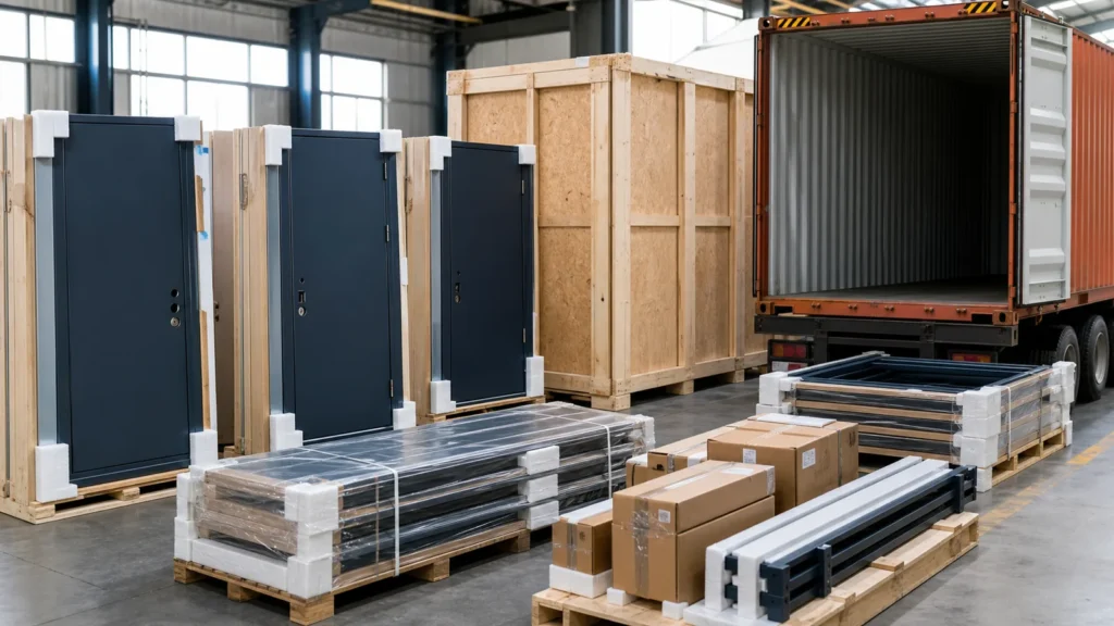 Commercial steel doors frames and hardware protected in export crates beside an open shipping container