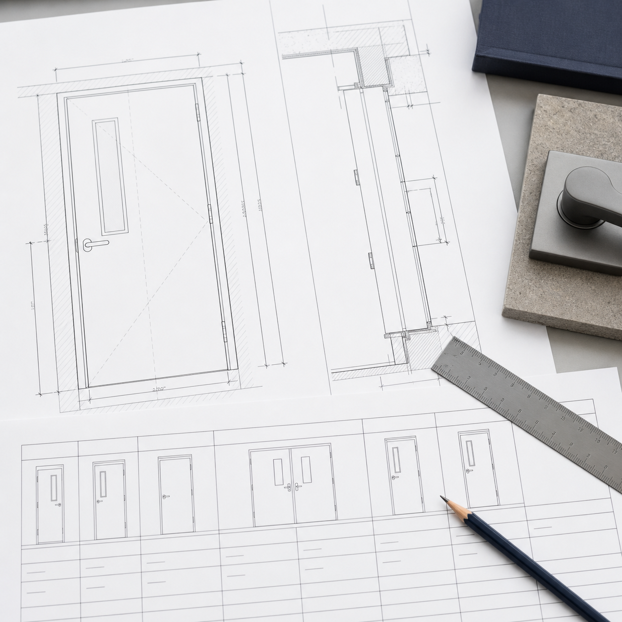 Commercial door schedule drawing with door details, ruler and hardware sample