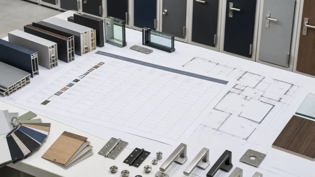 Commercial door schedule and floor plan coordinated with frame glazing finish and hardware samples