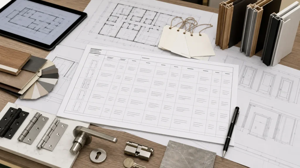 Door schedule drawings frame samples finishes and hardware organized for quotation preparation