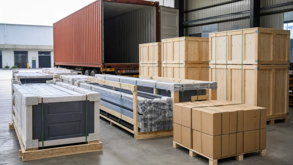 Protected commercial doors frames and hardware prepared for export container loading
