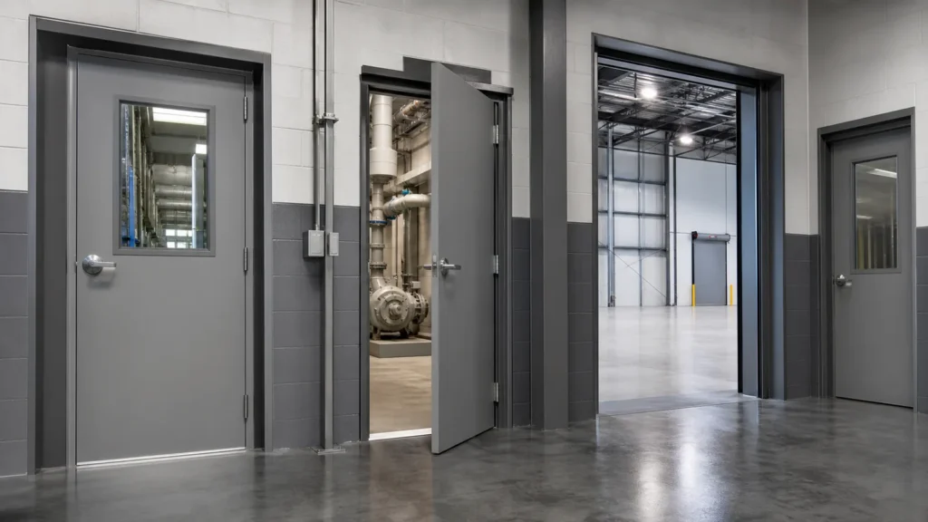Coordinated steel doors for factory utility and warehouse openings