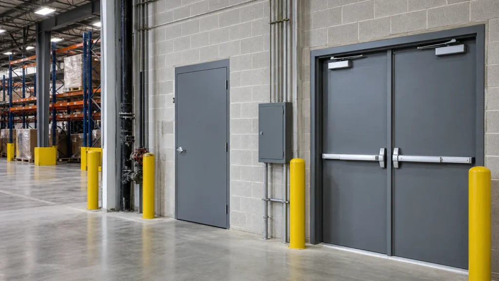 Industrial utility-room fire door and double exit door installed along a warehouse fire wall