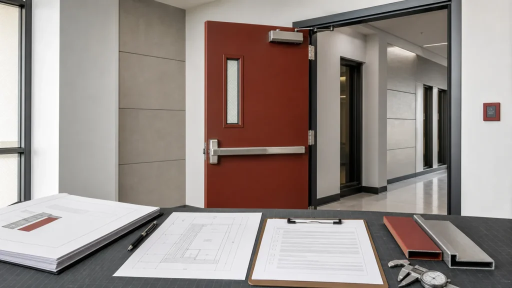 Commercial steel fire door with project drawings inspection checklist and material samples