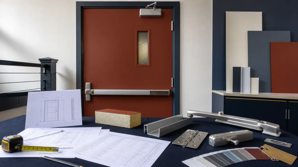 Commercial fire door with opening drawings frame profile hardware finish samples and measuring tools for quotation