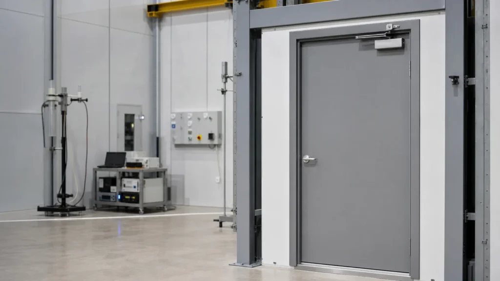 Fire-rated steel door assembly in a testing facility