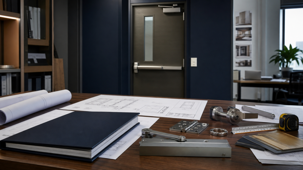 Commercial steel fire door with drawings and hardware on an engineering review table