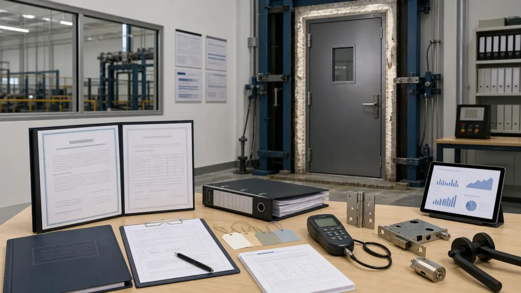 Fire door test sample with organized certificates inspection records and quality-control instruments