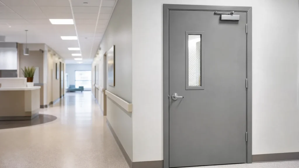 Fire-rated steel door with integrated vision panel in an institutional corridor