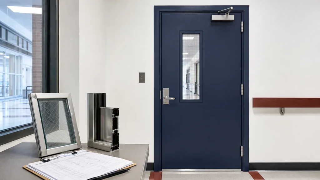Navy steel fire-rated door with wired-glass vision panel closer hinges and coordinated glazing samples