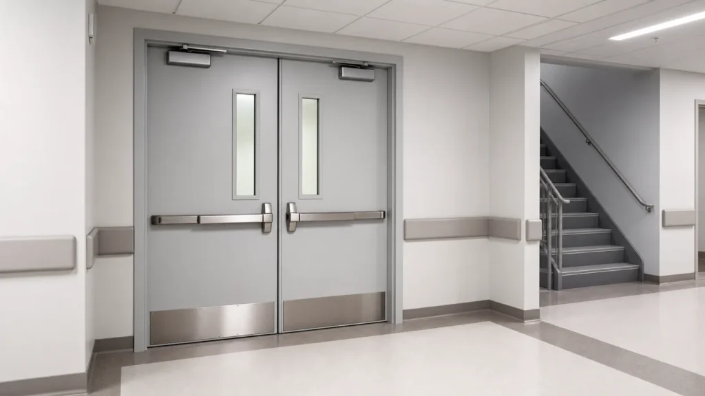 Double fire rated hospital doors with vision panels panic hardware and kick plates