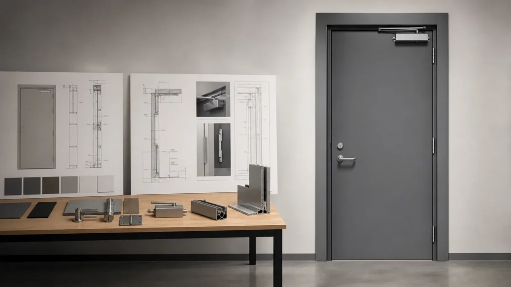 Fire-rated steel door with technical drawings and hardware samples