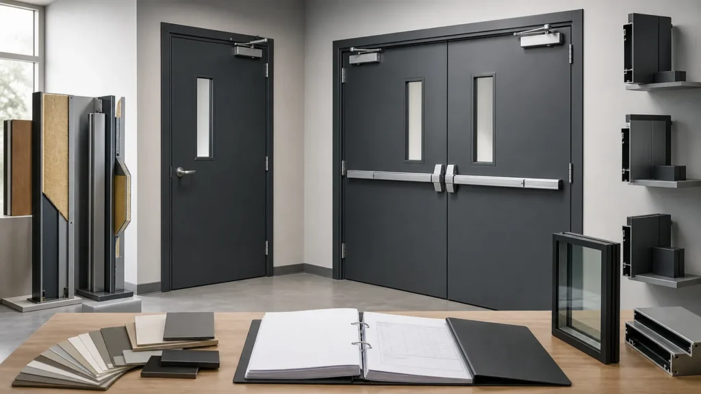 Single and double fire-rated steel door assemblies with frame glazing and finish specification samples
