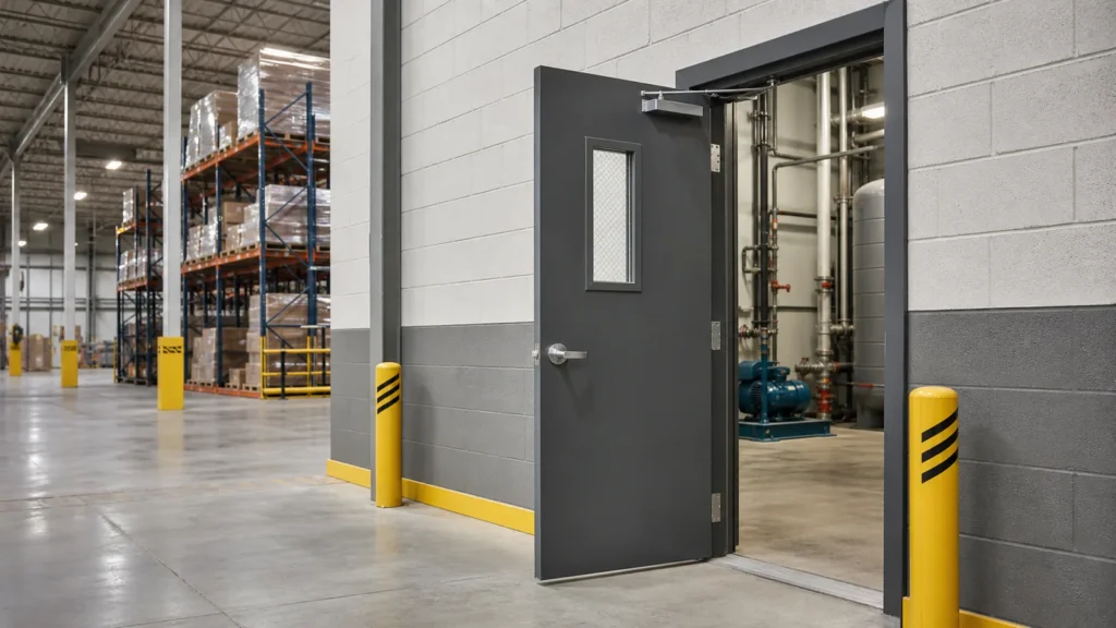 Heavy-duty hollow metal door connecting a warehouse with a factory service room