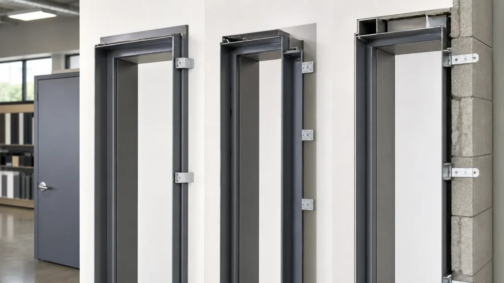 Three hollow metal door frame profiles showing different commercial installation and anchor options
